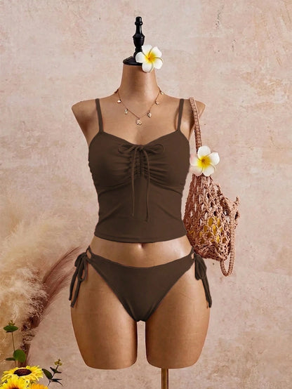 Swim Mod Plus Size 2-Piece Women Elegant Spaghetti Strap Bikini Set,Ruched Bow Tie Top,Adjustable Side Tie Bottoms,Summer Beach Vacation Vacation Holiday