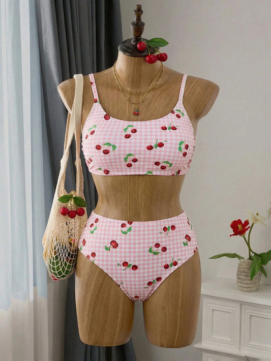 Swim Mod Plus Size 2pcs Gingham & Cherry Print Scoop Neck Top With High Waist Bottoms Women Swimwear Set, Suitable For Summer Beach & Vacation