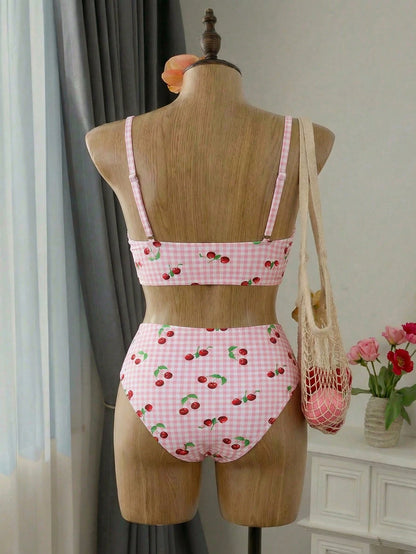 Swim Mod Plus Size 2pcs Gingham & Cherry Print Scoop Neck Top With High Waist Bottoms Women Swimwear Set, Suitable For Summer Beach & Vacation