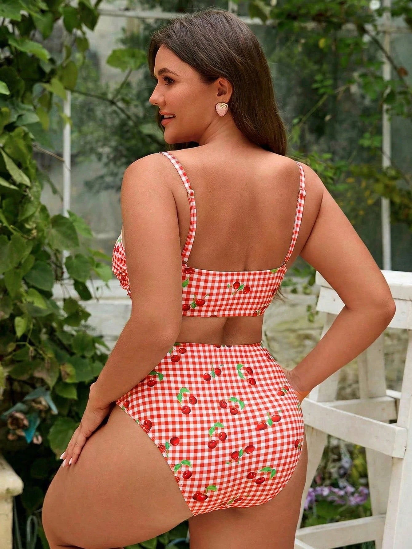 Swim Mod Plus Size 2pcs Gingham & Cherry Print Scoop Neck Top With High Waist Bottoms Women Swimwear Set, Suitable For Summer Beach & Vacation