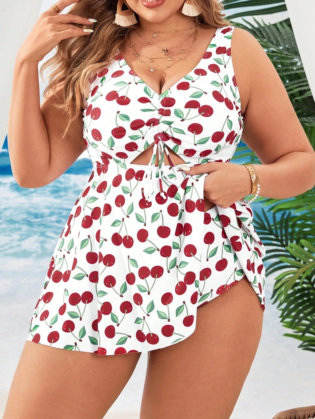 Swim Mod Plus Size Cherry Printed Drawstring Gathered Swimwear With Swimsuit And Shorts, Perfect For Vacation,Summer Beach