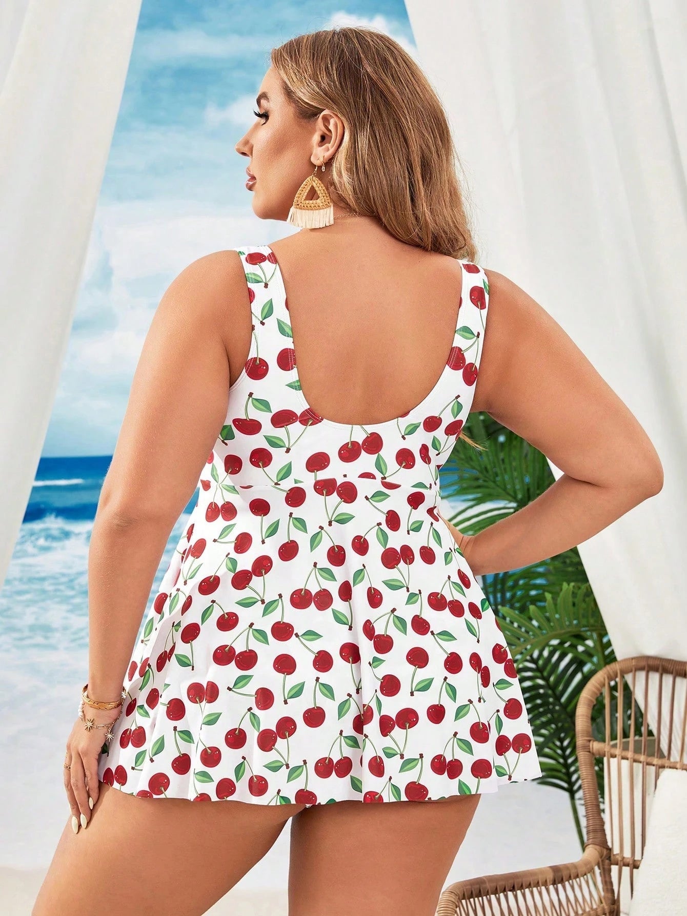 Swim Mod Plus Size Cherry Printed Drawstring Gathered Swimwear With Swimsuit And Shorts, Perfect For Vacation,Summer Beach