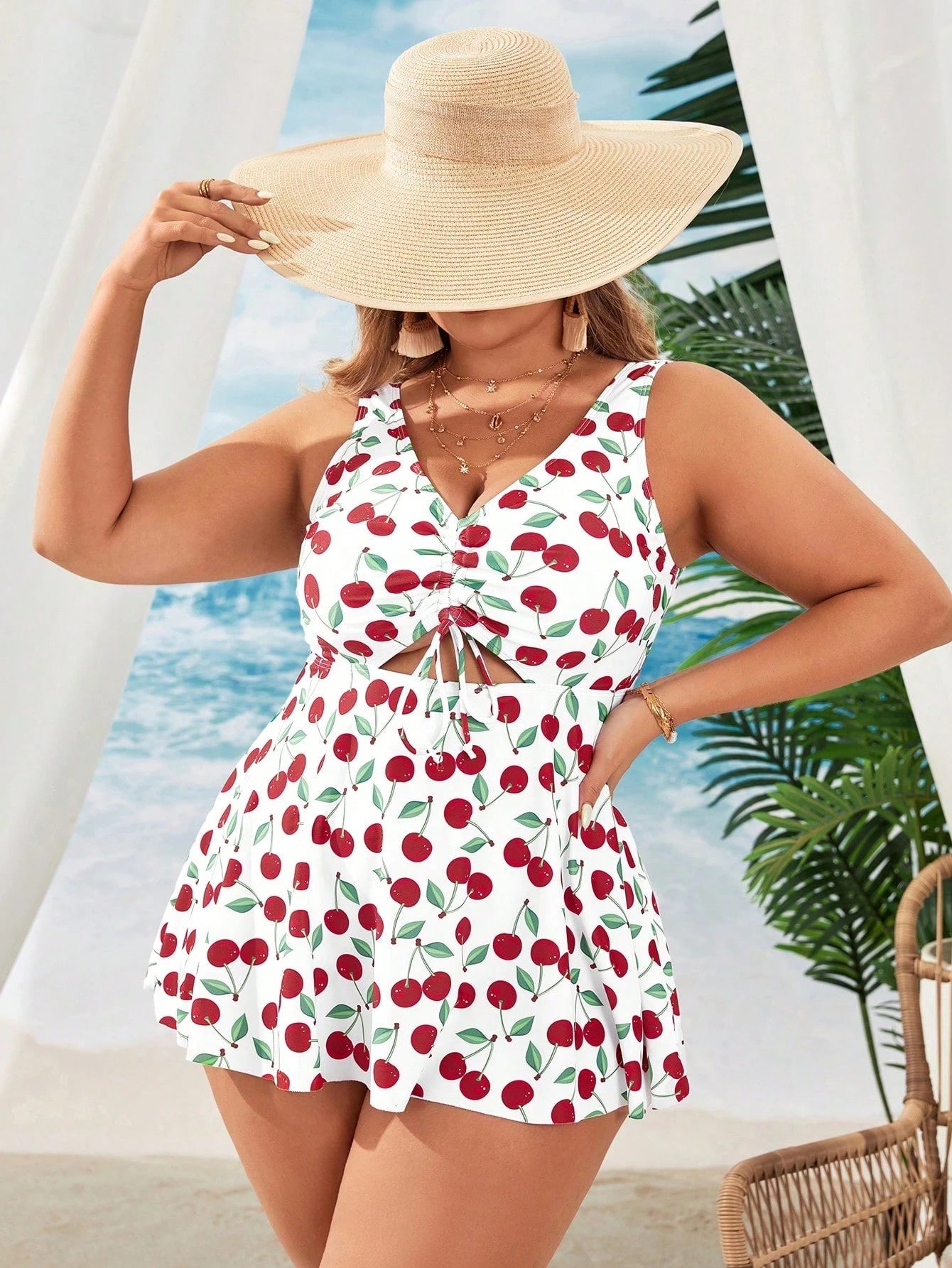 Swim Mod Plus Size Cherry Printed Drawstring Gathered Swimwear With Swimsuit And Shorts, Perfect For Vacation,Summer Beach