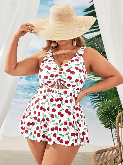Swim Mod Plus Size Cherry Printed Drawstring Gathered Swimwear With Swimsuit And Shorts, Perfect For Vacation,Summer Beach