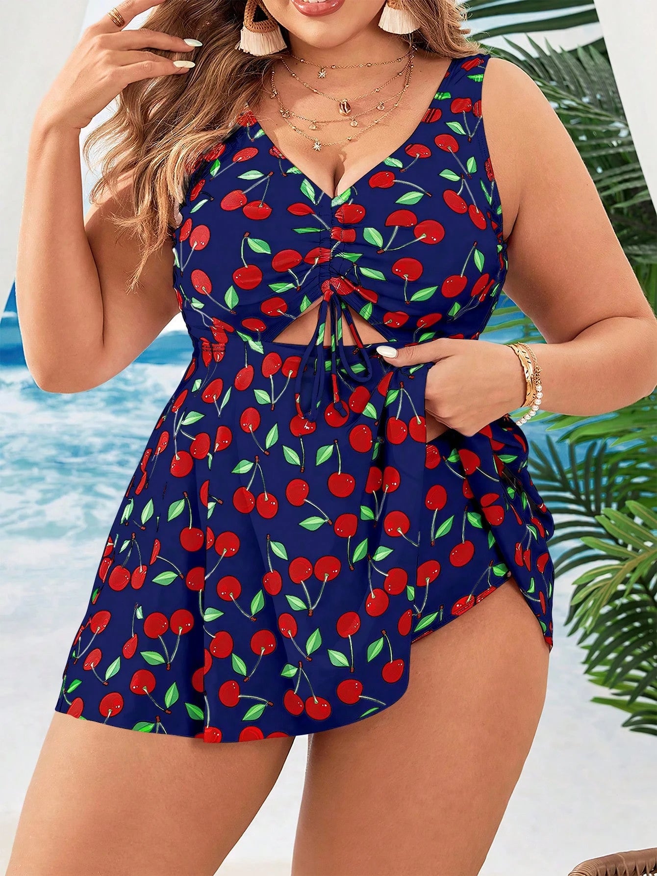 Swim Mod Plus Size Cherry Printed Drawstring Gathered Swimwear With Swimsuit And Shorts, Perfect For Vacation,Summer Beach