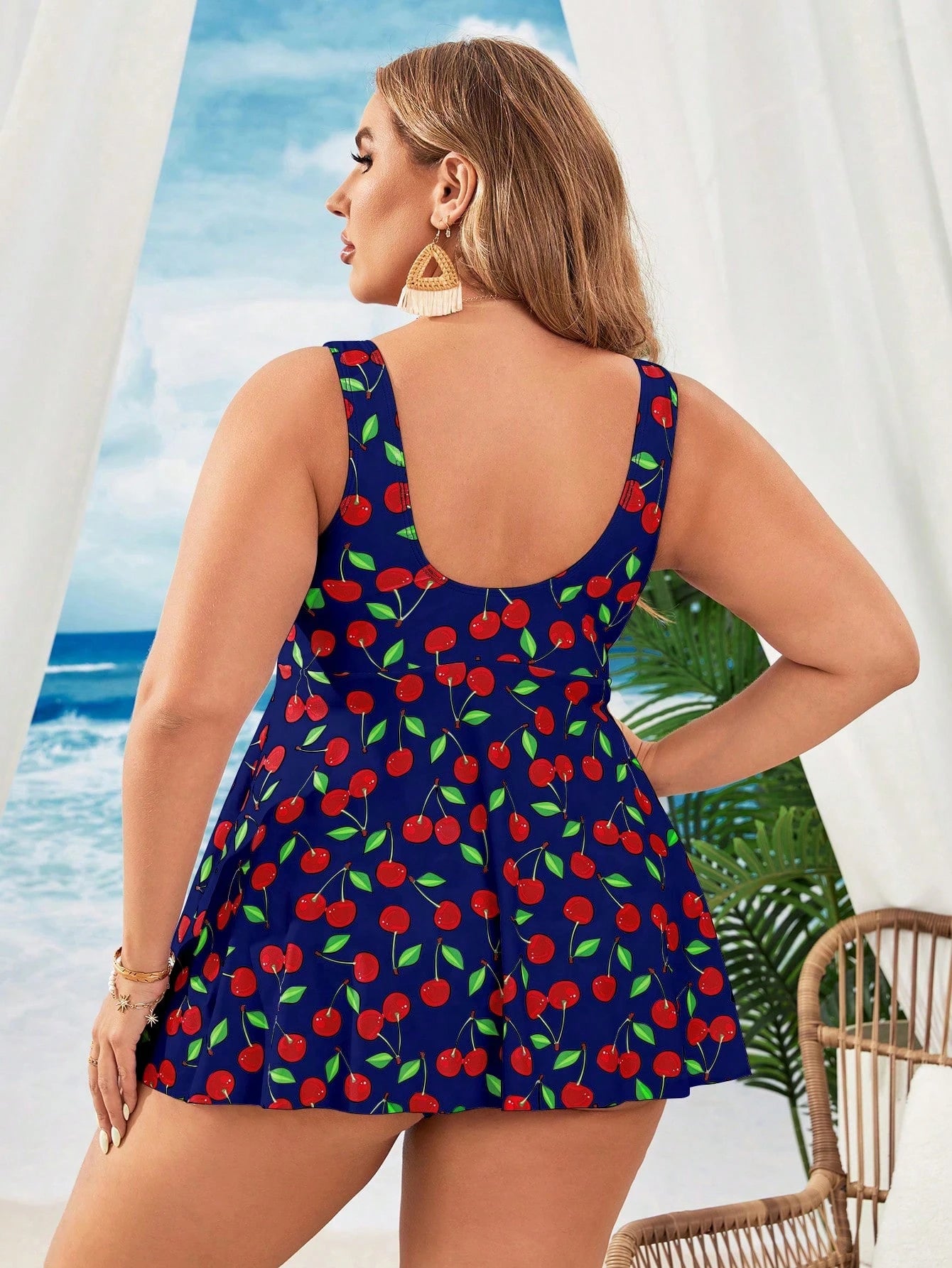 Swim Mod Plus Size Cherry Printed Drawstring Gathered Swimwear With Swimsuit And Shorts, Perfect For Vacation,Summer Beach