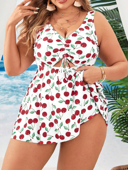 Swim Mod Plus Size Cherry Printed Drawstring Gathered Swimwear With Swimsuit And Shorts, Perfect For Vacation,Summer Beach