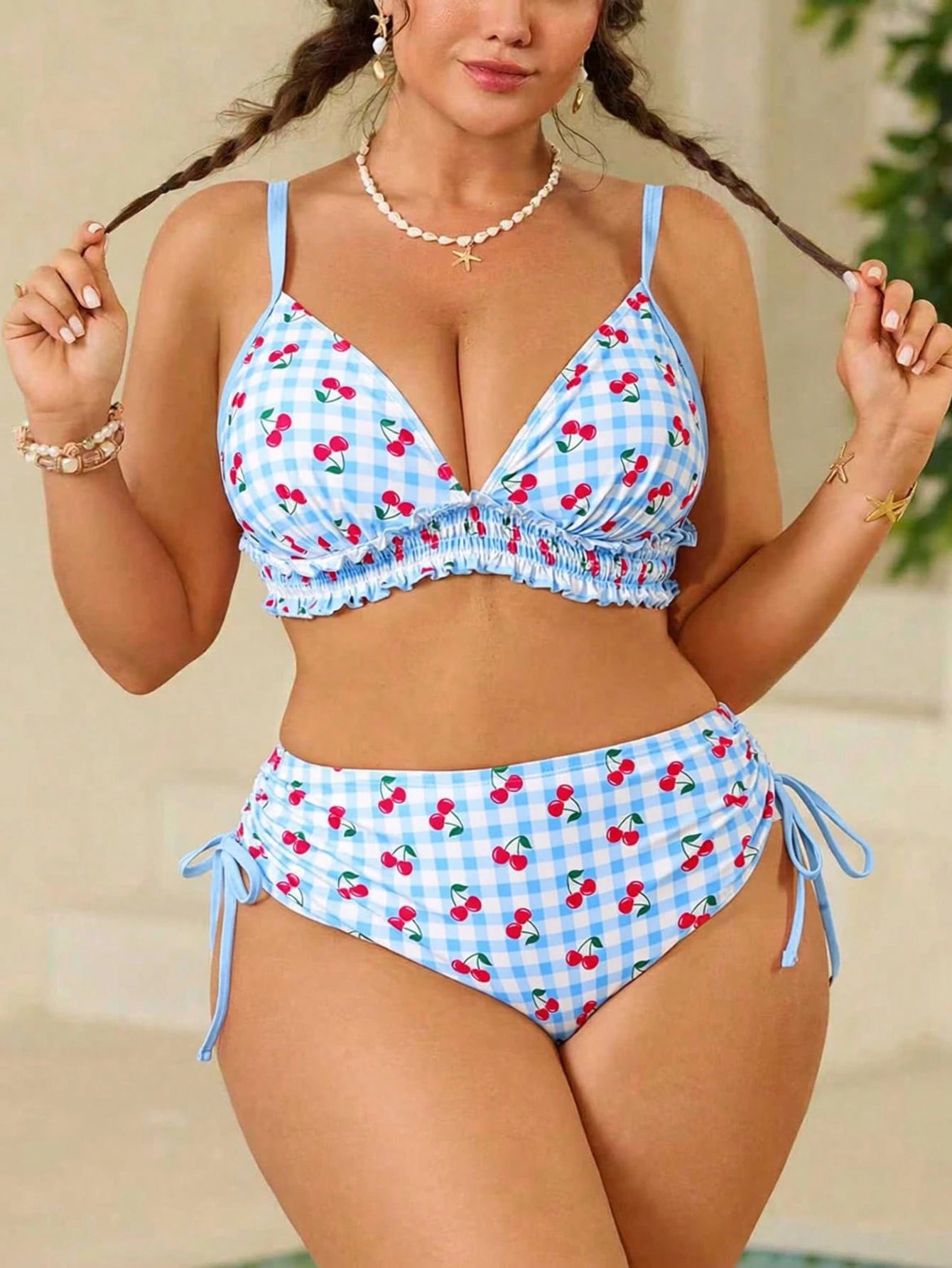Swim Mod Plus Size Women 2 Pc Swimsuit Set,Sweet Cute Pink Cherry Print Tie Front Ruffled Hem Kawaii Vacation Outfits Woman For White Summer Beach Holiday