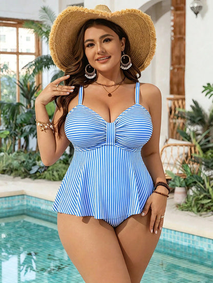 Swim Mod Plus Size Women 2 Pieces Ditsy Floral Spaghetti Strap Low Neck Tummy Slimming Tankini Swimwear, Suitable For Vacation, Beach, Pool