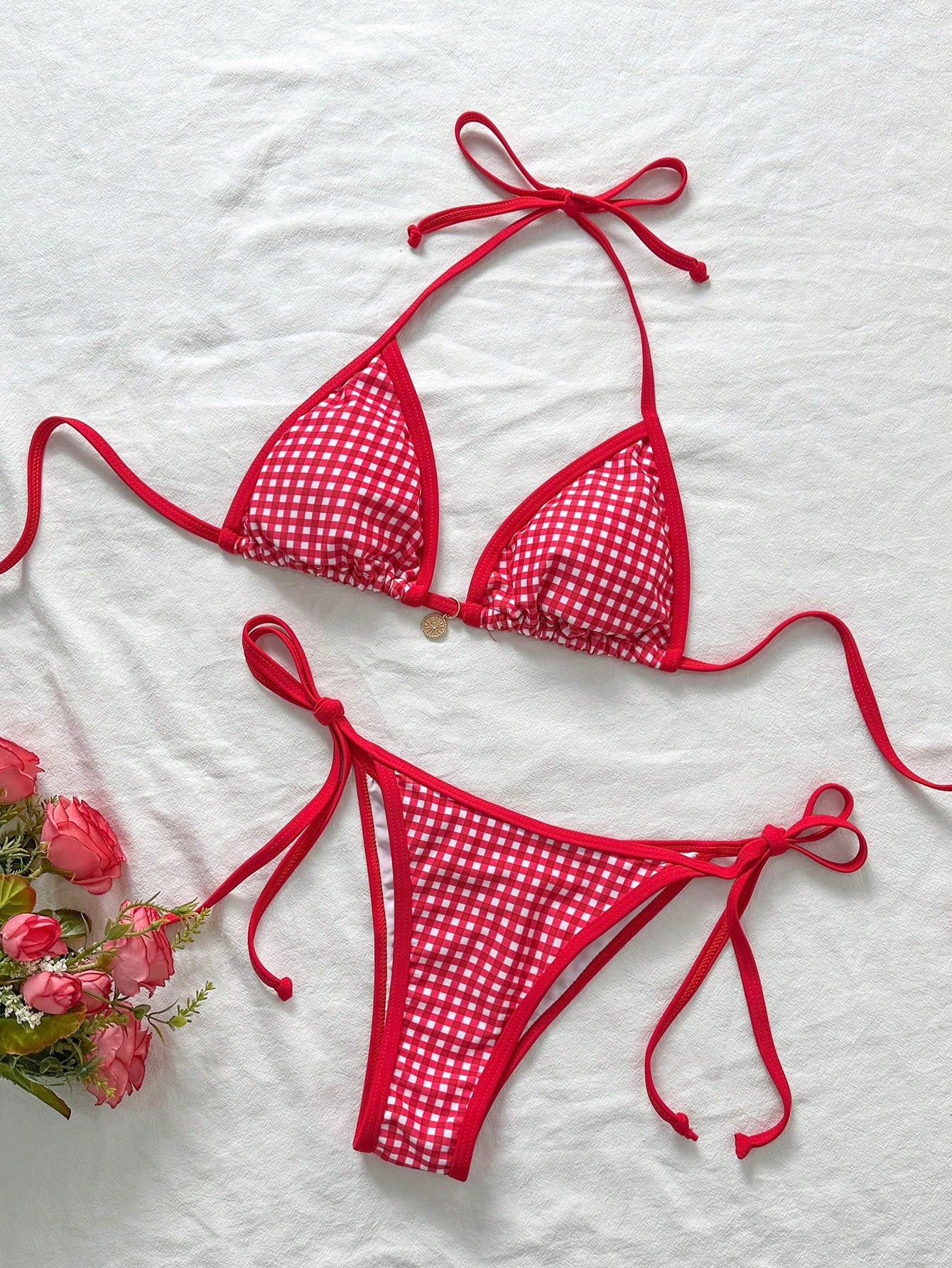 Swim Mod Plus Size Women Casual Beach Vacation Random Print Halter Neck Ring Design Cover Up, Gingham Bikini, Bikini Set, Bikinis Set