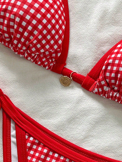 Swim Mod Plus Size Women Casual Beach Vacation Random Print Halter Neck Ring Design Cover Up, Gingham Bikini, Bikini Set, Bikinis Set