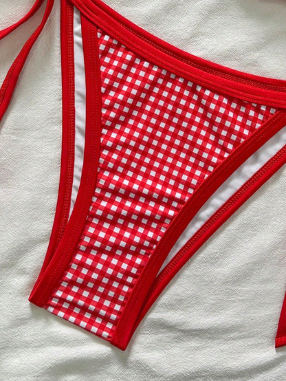 Swim Mod Plus Size Women Casual Beach Vacation Random Print Halter Neck Ring Design Cover Up, Gingham Bikini, Bikini Set, Bikinis Set