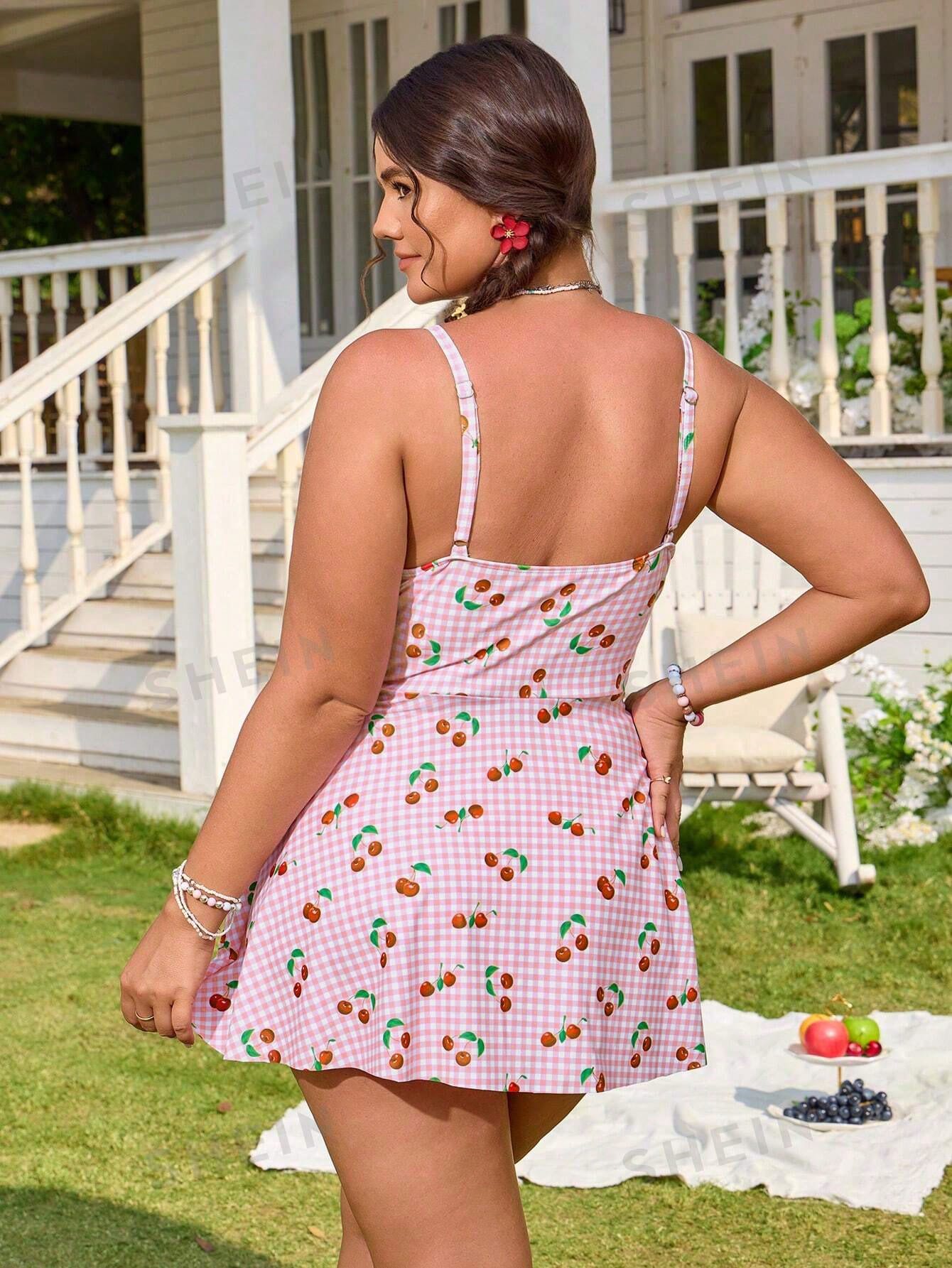 Swim Mod Plus Size Women Cherry Print Rouched Drawstring Hem Top And Matching Triangle Bottoms, Sexy Casual Summer Party Pool Swimsuit Set