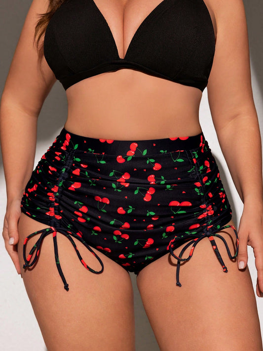 Swim Mod Plus Size Women's Fashionable Cherry Printed Swim Bottom,Summer Beach
