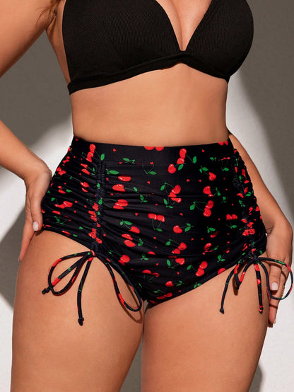 Swim Mod Plus Size Women's Fashionable Cherry Printed Swim Bottom,Summer Beach