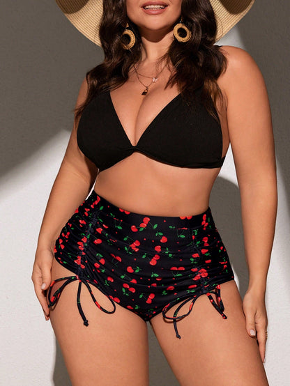 Swim Mod Plus Size Women's Fashionable Cherry Printed Swim Bottom,Summer Beach