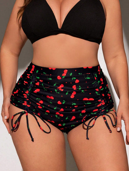 Swim Mod Plus Size Women's Fashionable Cherry Printed Swim Bottom,Summer Beach