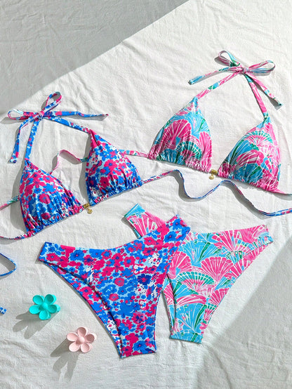 Swim Mod Plus Size Women's Light Blue Summer Beach Floral Print Halter Tie Bikini And Triangle Panty Two Pieces Swimwear Sets Vacation Holiday Outfit