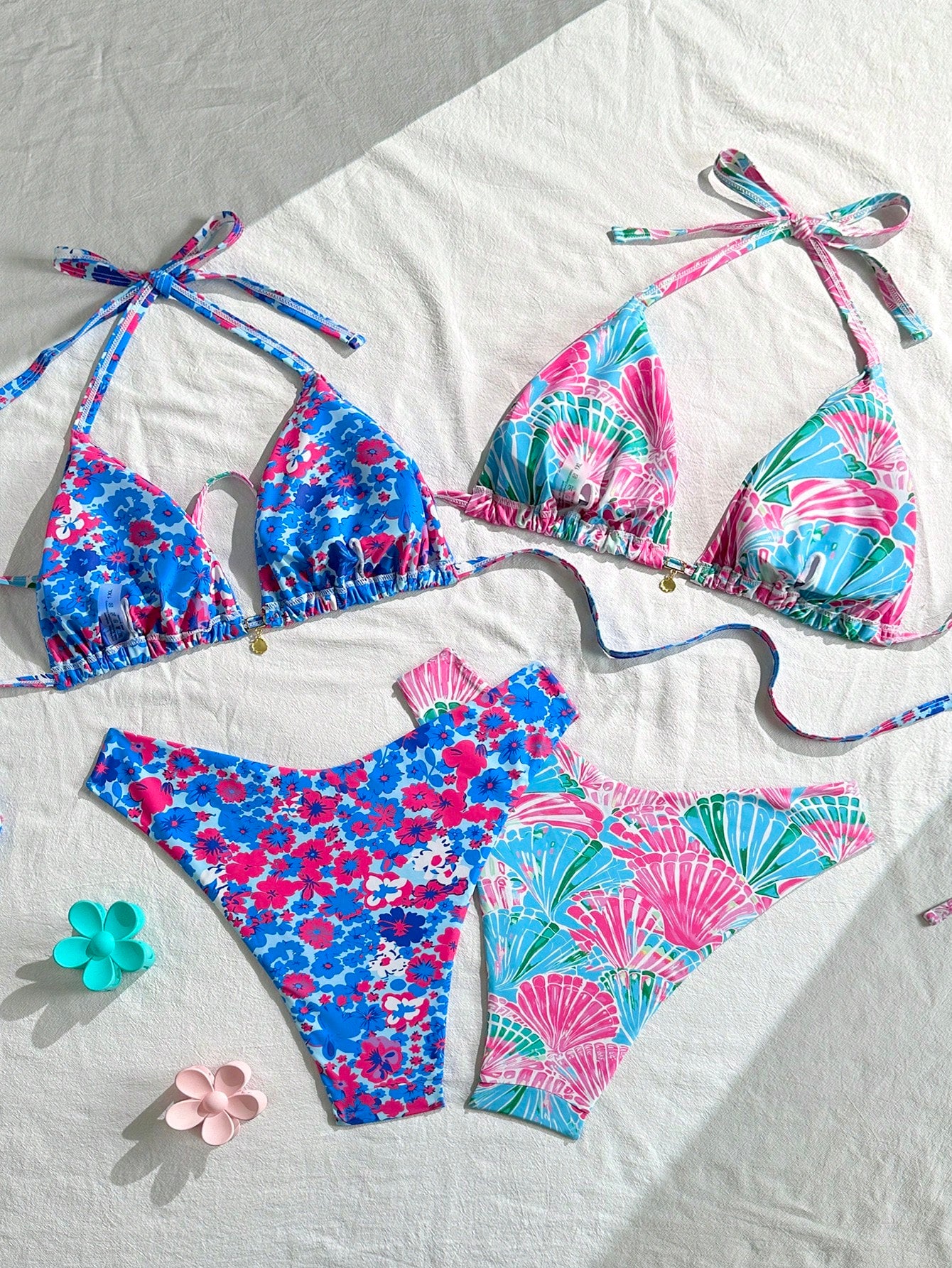 Swim Mod Plus Size Women's Light Blue Summer Beach Floral Print Halter Tie Bikini And Triangle Panty Two Pieces Swimwear Sets Vacation Holiday Outfit