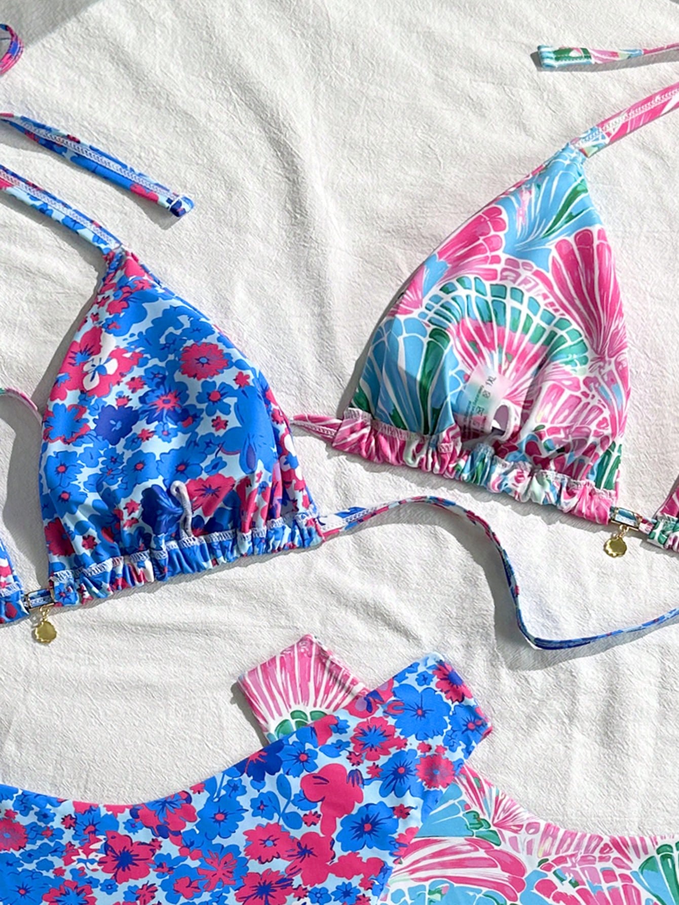 Swim Mod Plus Size Women's Light Blue Summer Beach Floral Print Halter Tie Bikini And Triangle Panty Two Pieces Swimwear Sets Vacation Holiday Outfit