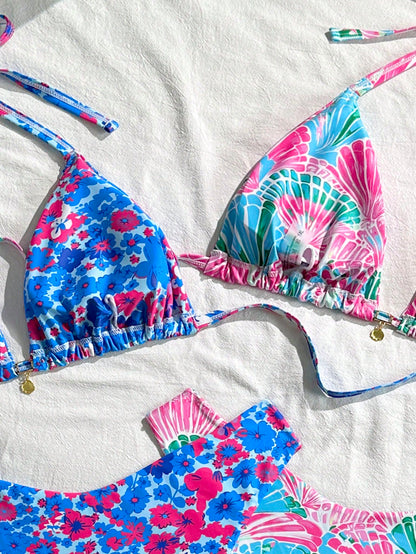 Swim Mod Plus Size Women's Light Blue Summer Beach Floral Print Halter Tie Bikini And Triangle Panty Two Pieces Swimwear Sets Vacation Holiday Outfit