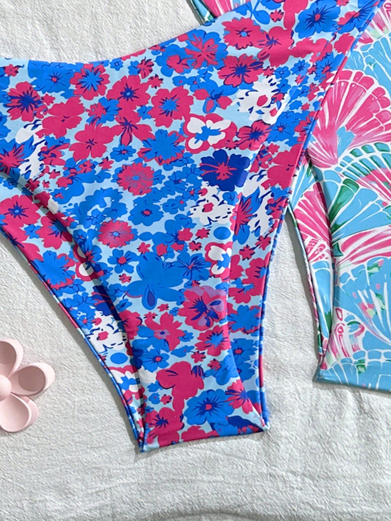 Swim Mod Plus Size Women's Light Blue Summer Beach Floral Print Halter Tie Bikini And Triangle Panty Two Pieces Swimwear Sets Vacation Holiday Outfit