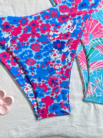 Swim Mod Plus Size Women's Light Blue Summer Beach Floral Print Halter Tie Bikini And Triangle Panty Two Pieces Swimwear Sets Vacation Holiday Outfit