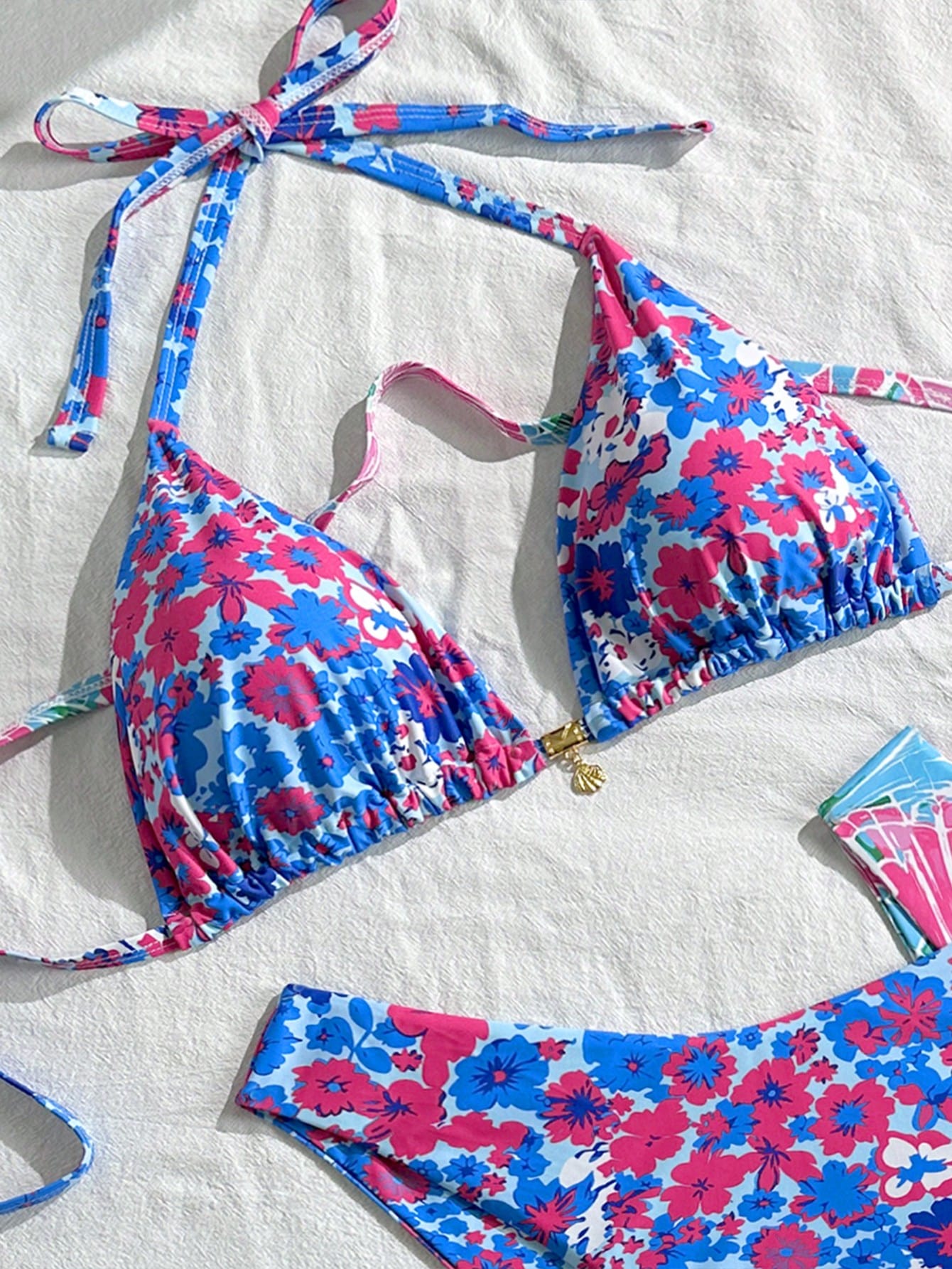 Swim Mod Plus Size Women's Light Blue Summer Beach Floral Print Halter Tie Bikini And Triangle Panty Two Pieces Swimwear Sets Vacation Holiday Outfit