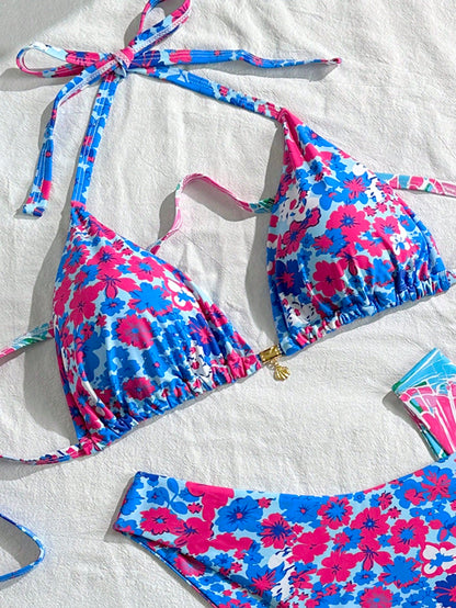 Swim Mod Plus Size Women's Light Blue Summer Beach Floral Print Halter Tie Bikini And Triangle Panty Two Pieces Swimwear Sets Vacation Holiday Outfit