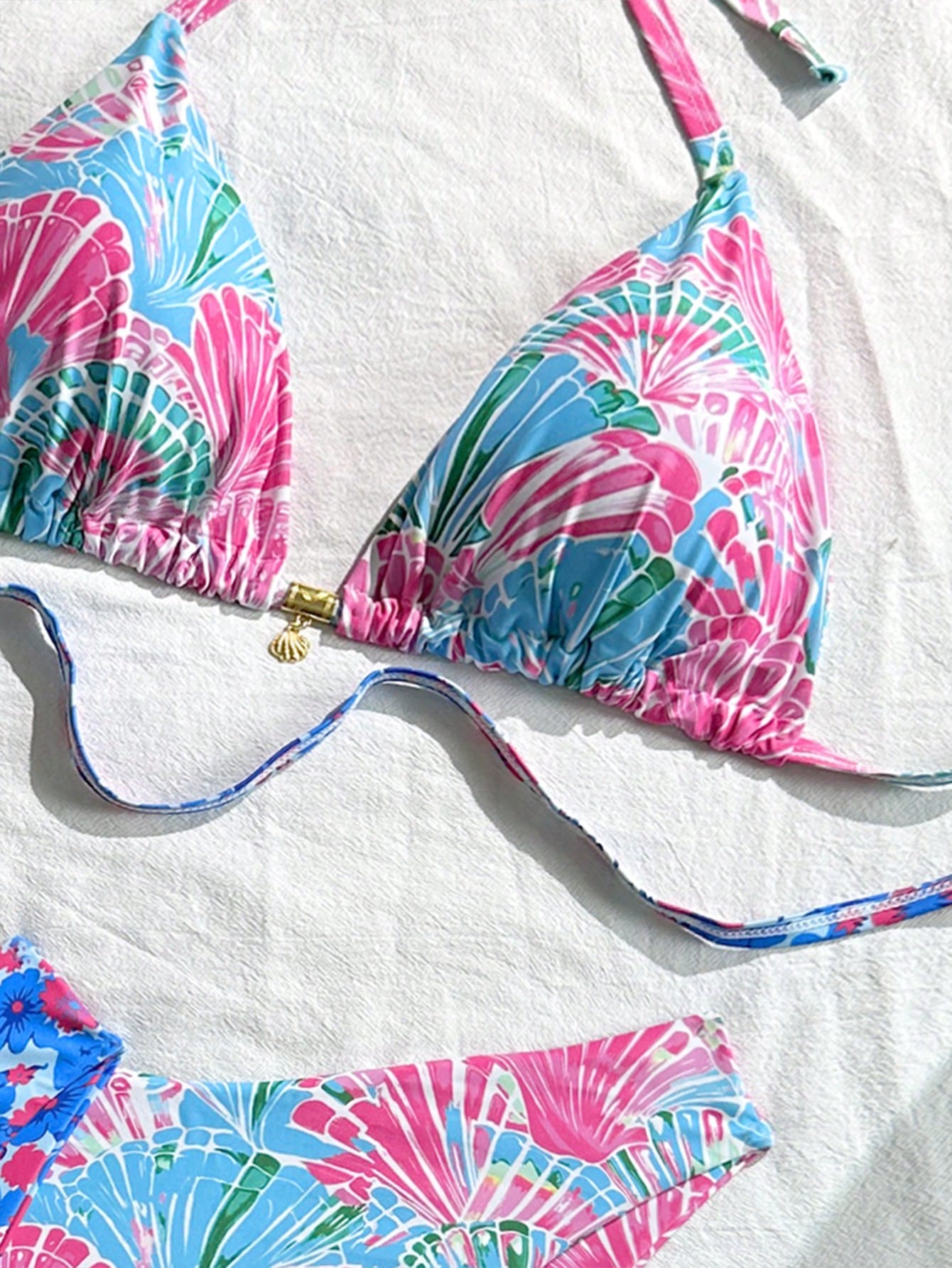 Swim Mod Plus Size Women's Light Blue Summer Beach Floral Print Halter Tie Bikini And Triangle Panty Two Pieces Swimwear Sets Vacation Holiday Outfit