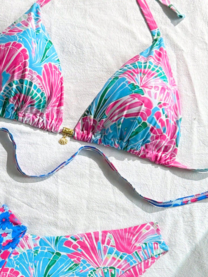 Swim Mod Plus Size Women's Light Blue Summer Beach Floral Print Halter Tie Bikini And Triangle Panty Two Pieces Swimwear Sets Vacation Holiday Outfit