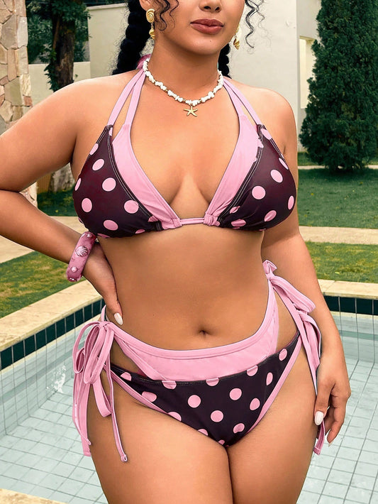 Swim Mod Plus Size Women's Summer Beach Polka Dot Colorblock Halter Neck Tie Sexy Bikini And Triangle Bottoms Two-Piece Swimsuit Set