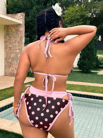 Swim Mod Plus Size Women's Summer Beach Polka Dot Colorblock Halter Neck Tie Sexy Bikini And Triangle Bottoms Two-Piece Swimsuit Set
