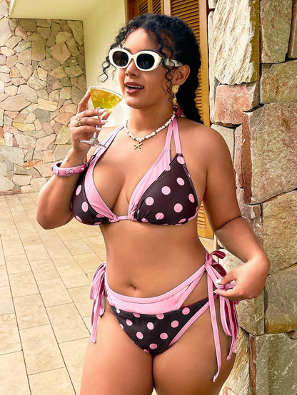 Swim Mod Plus Size Women's Summer Beach Polka Dot Colorblock Halter Neck Tie Sexy Bikini And Triangle Bottoms Two-Piece Swimsuit Set