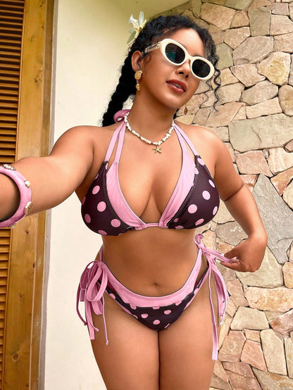 Swim Mod Plus Size Women's Summer Beach Polka Dot Colorblock Halter Neck Tie Sexy Bikini And Triangle Bottoms Two-Piece Swimsuit Set