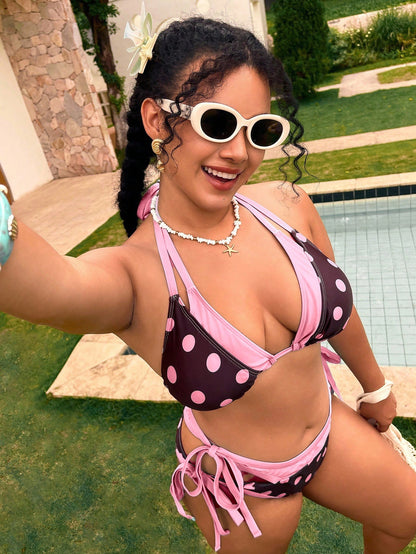 Swim Mod Plus Size Women's Summer Beach Polka Dot Colorblock Halter Neck Tie Sexy Bikini And Triangle Bottoms Two-Piece Swimsuit Set