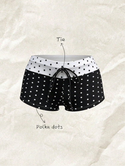 Swim Mod Plus Size Women's Summer Polka Dot Colorblock Swim Bottoms, Vacation Style Front Tie Design, Suitable For Beach Active Cycling Sport Pool Party