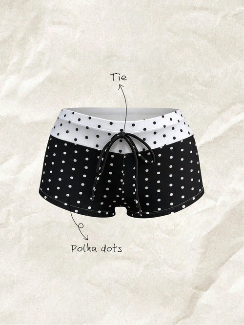 Swim Mod Plus Size Women's Summer Polka Dot Colorblock Swim Bottoms, Vacation Style Front Tie Design, Suitable For Beach Active Cycling Sport Pool Party