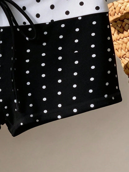 Swim Mod Plus Size Women's Summer Polka Dot Colorblock Swim Bottoms, Vacation Style Front Tie Design, Suitable For Beach Active Cycling Sport Pool Party