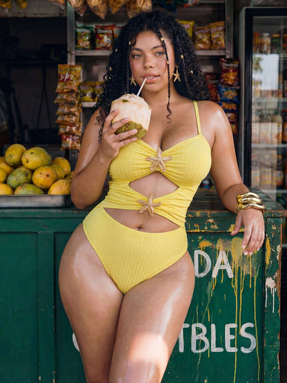 Swim Mod Plus Size Women's Sweet Butter Yellow Summer Beach Vacation Holiday Textured Fabric V-Neck Adjustable Strap Hollow Star Decor One-Piece Swimsuit