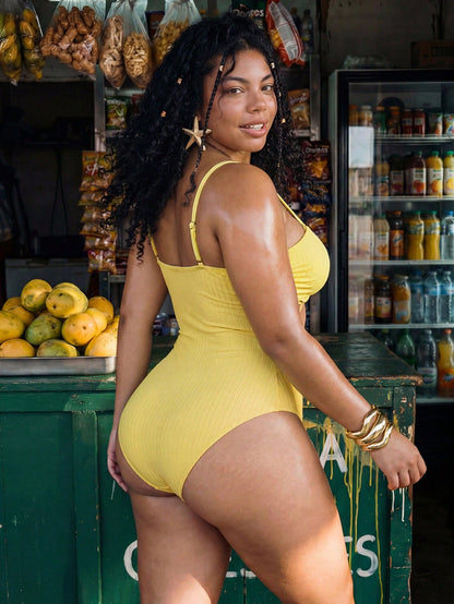 Swim Mod Plus Size Women's Sweet Butter Yellow Summer Beach Vacation Holiday Textured Fabric V-Neck Adjustable Strap Hollow Star Decor One-Piece Swimsuit