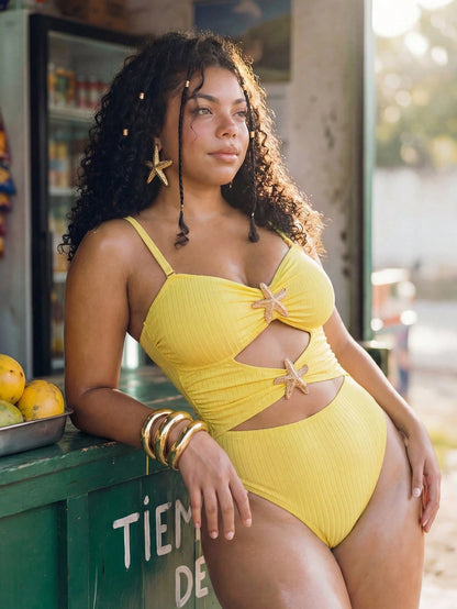 Swim Mod Plus Size Women's Sweet Butter Yellow Summer Beach Vacation Holiday Textured Fabric V-Neck Adjustable Strap Hollow Star Decor One-Piece Swimsuit