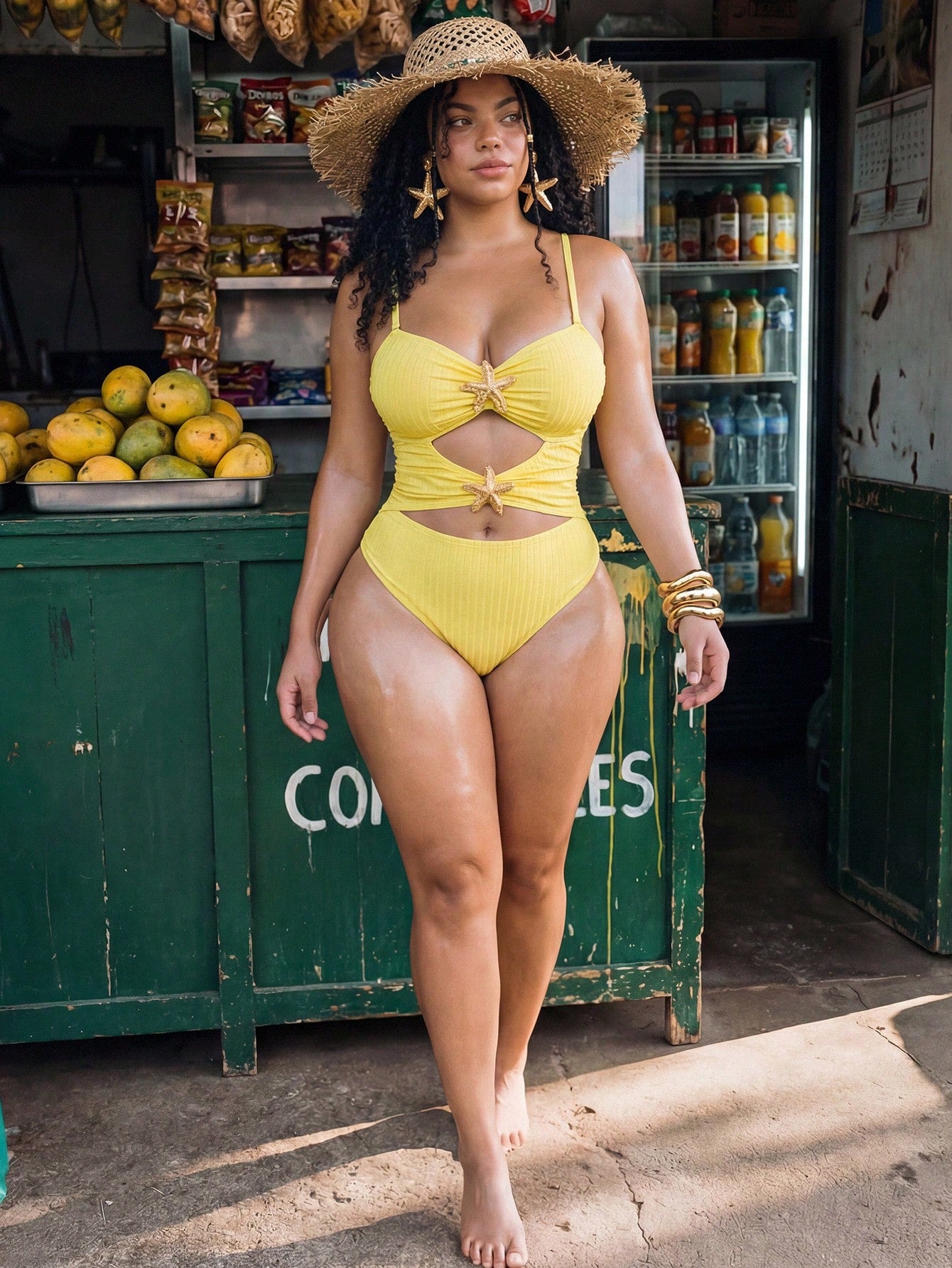 Swim Mod Plus Size Women's Sweet Butter Yellow Summer Beach Vacation Holiday Textured Fabric V-Neck Adjustable Strap Hollow Star Decor One-Piece Swimsuit