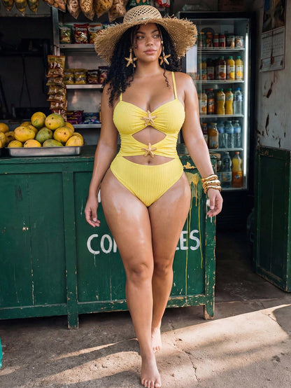 Swim Mod Plus Size Women's Sweet Butter Yellow Summer Beach Vacation Holiday Textured Fabric V-Neck Adjustable Strap Hollow Star Decor One-Piece Swimsuit