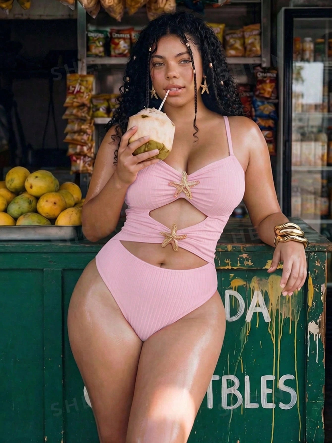 Swim Mod Plus Size Women's Sweet Butter Yellow Summer Beach Vacation Holiday Textured Fabric V-Neck Adjustable Strap Hollow Star Decor One-Piece Swimsuit