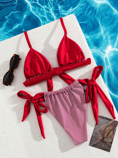 Swim Mod Plus Size Women Striped Contrast Color Halter Tie Bikini Swimwear Set
