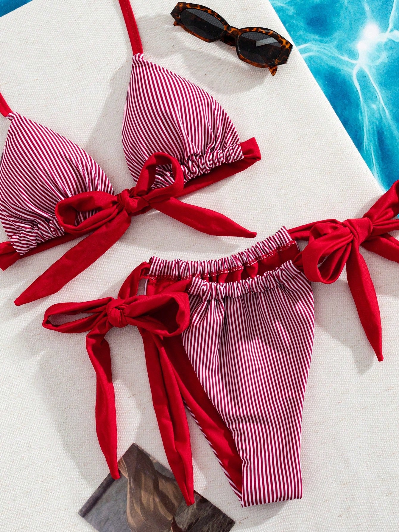 Swim Mod Plus Size Women Striped Contrast Color Halter Tie Bikini Swimwear Set