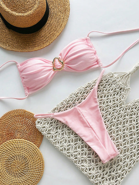 Swim Mod Springbreak Women's Sexy Pink Strapless Tie Up Metal Decor Bikini Set, For Summer