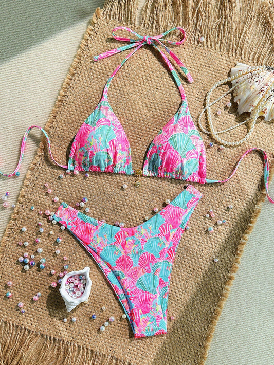 Swim Mod Summer 2 Pieces Outfits For Women- Spaghetti Strap Random Print Top And High Cut Swim Bottoms, Beach Holiday Bikini Set Pink Sexy Tropical