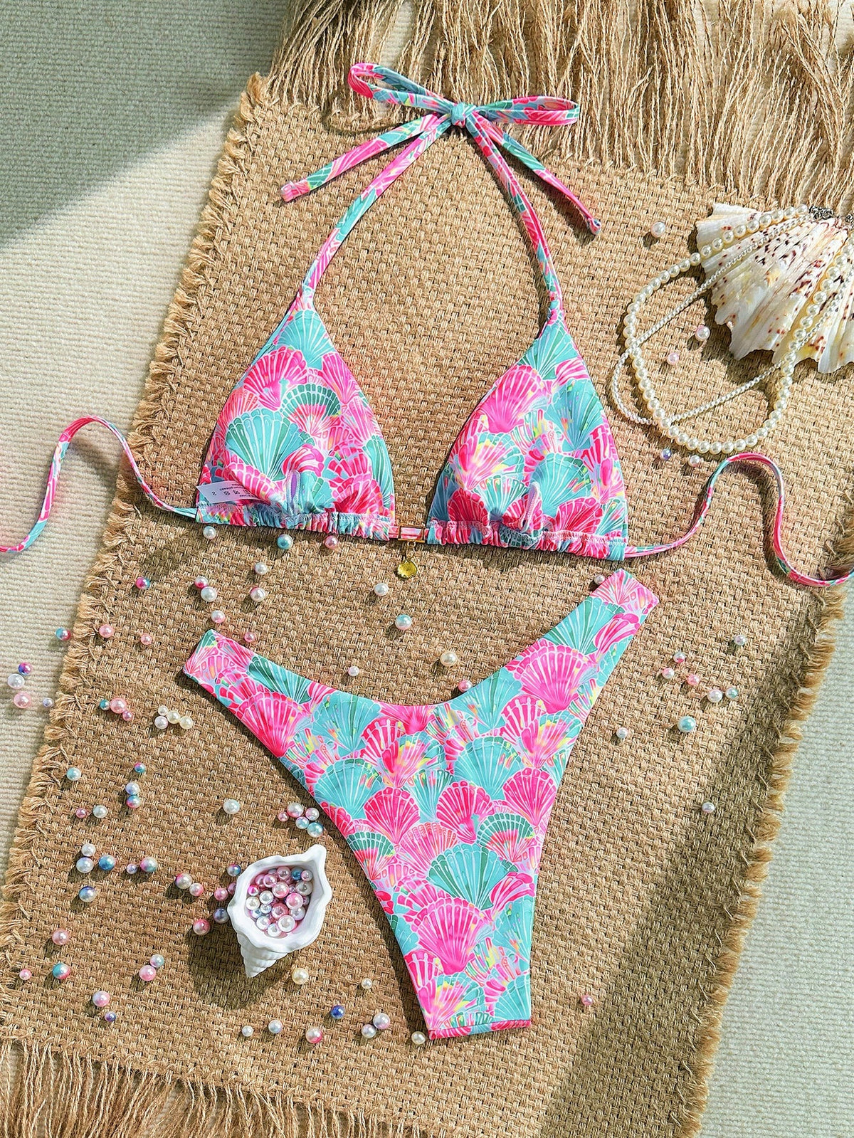 Swim Mod Summer 2 Pieces Outfits For Women- Spaghetti Strap Random Print Top And High Cut Swim Bottoms, Beach Holiday Bikini Set Pink Sexy Tropical